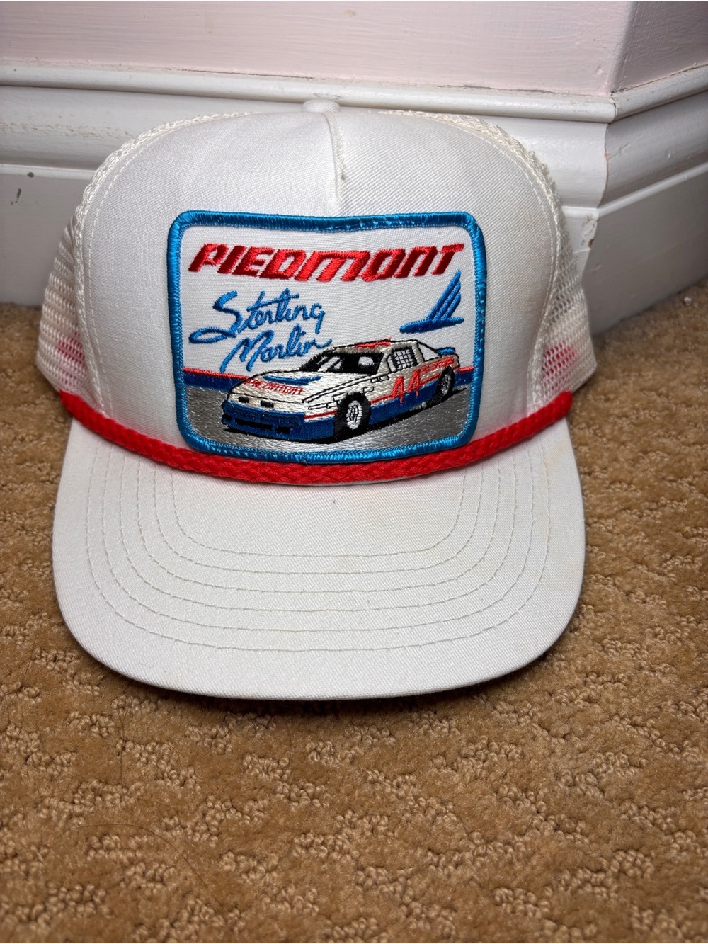 White & Red Trucker Cap with Racing Patch